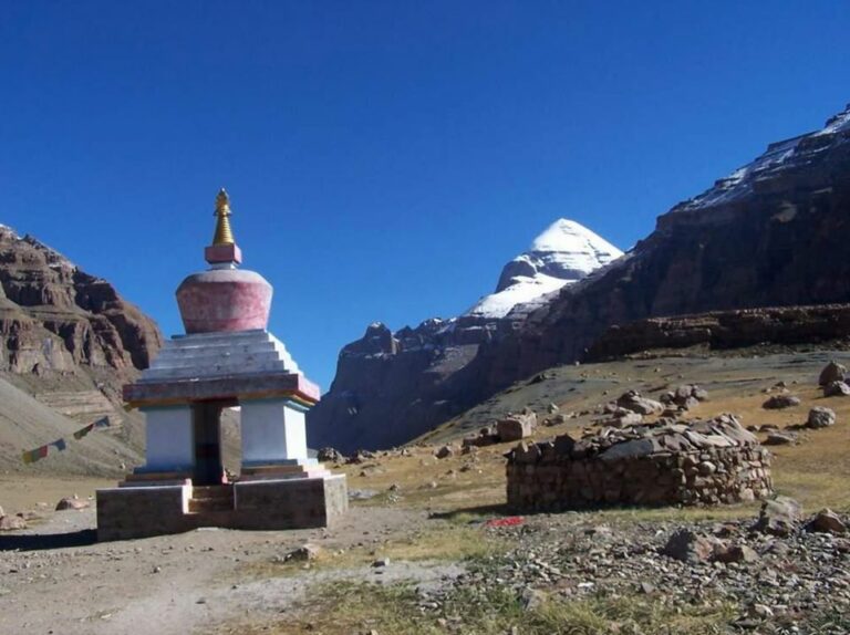mount kailash with pink tibetan yamadwar stupa